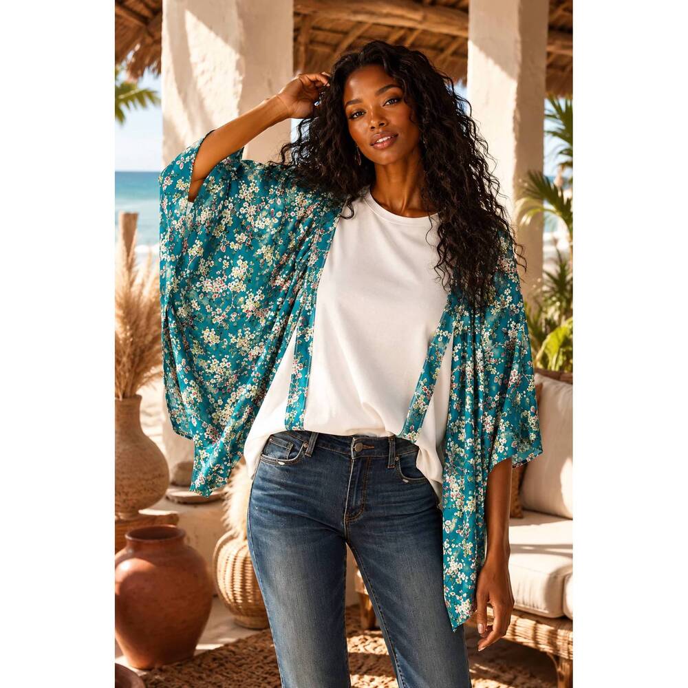 NEW SURELYMINE floral kimono sleeve top in green